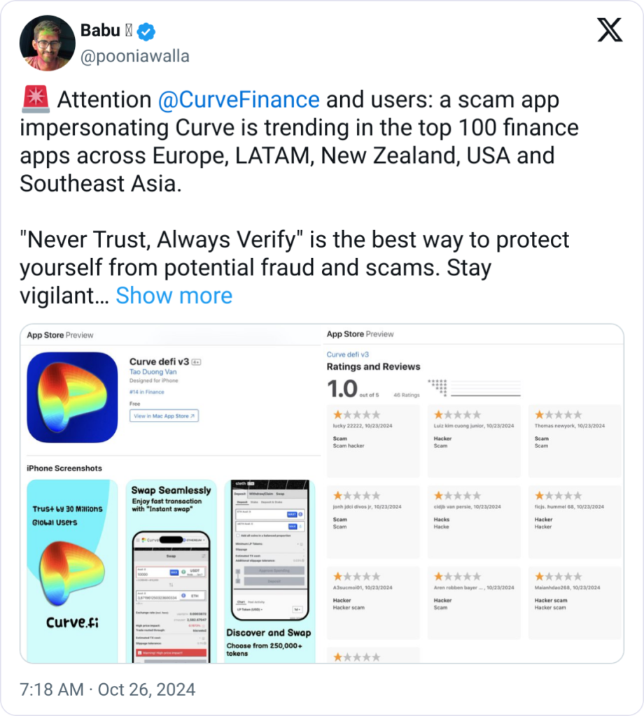 Counterfeit App Mimics Curve Finance, Ranks in Top 100 Finance Apps