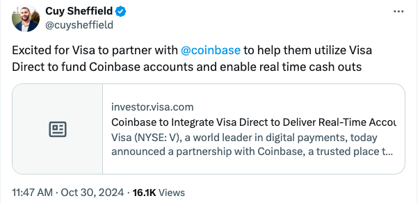 Coinbase and Visa Launch Real-Time Crypto Deposits and Withdrawals